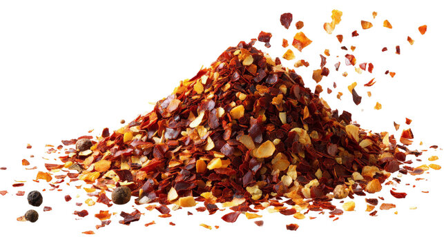 A vibrant pile of crushed red chili flakes spilling onto a clean surface, showcasing their rich colors and textures, ideal for culinary use or spice-related content