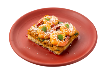 A close-up view of a flavorful dish, featuring succulent shrimp, bathed in a rich curry sauce, atop a crispy toasted bread slice, sprinkled with grated coconut and fresh cilantro, presented on a...