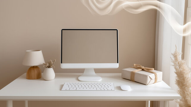 Minimalist workspace with computer and wrapped gift on desk - Powered by Adobe