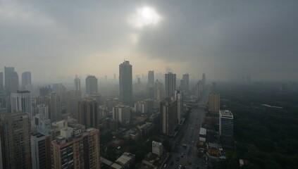Obraz premium Showcasing modern towers looming over downtown skyline in hazy aerial view, with roadway and park
