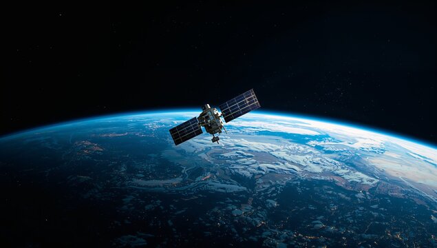 Orbiting satellite with dual solar panels moving above horizon in low Earth orbit, with antennas - Powered by Adobe