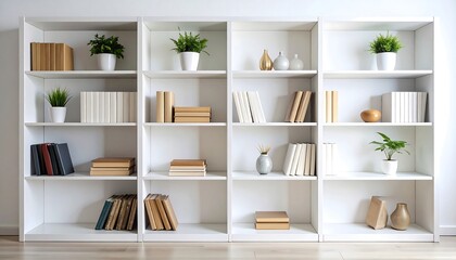 Modern White Bookshelf Display Books with Plants, and and Decorative Items in Home Interior.