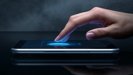 Pressing hand placing fingertip on smartphone fingerprint scanner on glossy table, with blue icon