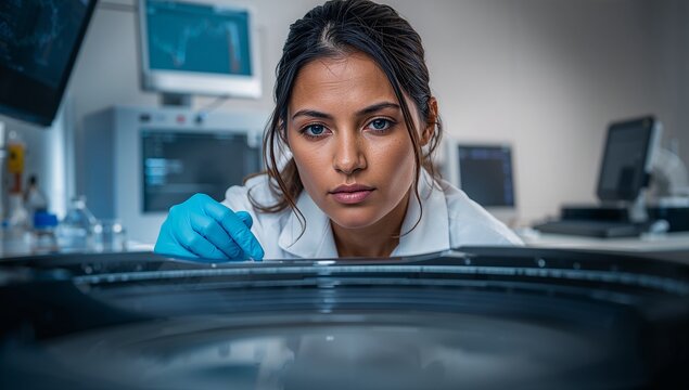 Examining scientist wearing lab coat and blue gloves peering into centrifuge in lab, with monitors