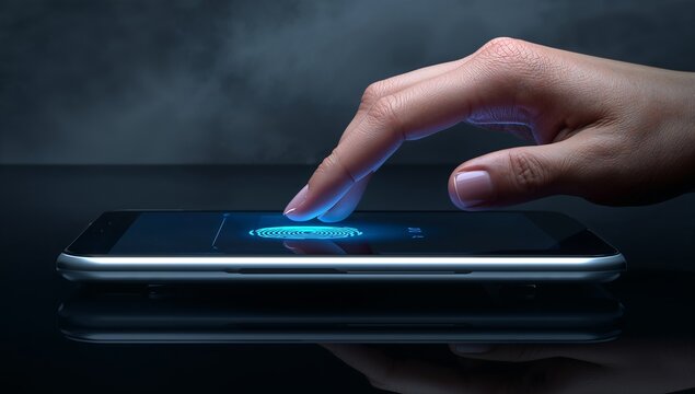 Pressing hand placing fingertip on smartphone fingerprint scanner on glossy table, with blue icon