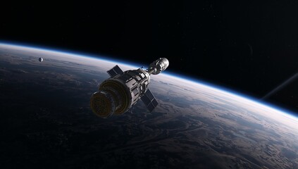 Orbiting spacecraft module showing solar panels and docking segment over Earth, with distant moon