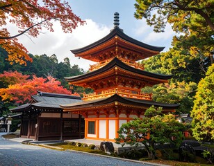 Fototapeta premium Autumnal pagoda in serene temple gardens