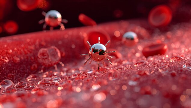 Displaying metallic spiked sphere shining on lab slide showing liquid droplets over red surface - Powered by Adobe