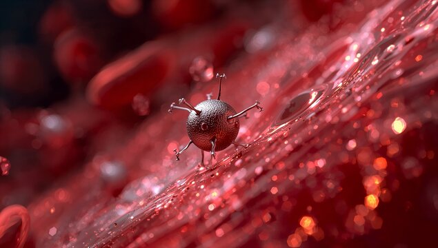 Hovering spherical virus-like particle above rippled surface in blood with spikes, cells and glints