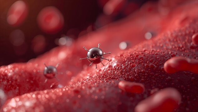 Hovering metallic nanoparticle with rod-like spikes over red surface with droplets under microscope - Powered by Adobe