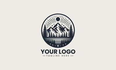 Fototapeta premium Powerful black and white vector logo of majestic mountains and pine trees, a stunning design for outdoor adventure brands