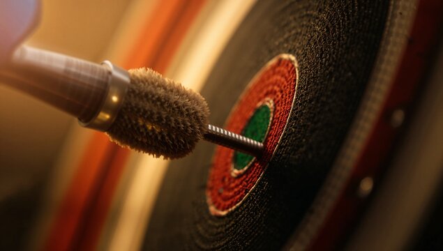 Spinning drill brush attachment scrubbing dartboard green bullseye in workshop, with warm lighting - Powered by Adobe