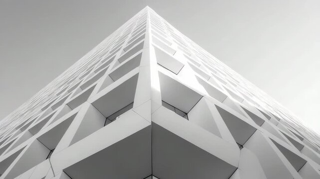 A building with a white facade and a black and white filter. The building is tall and has a lot of windows. The image has a modern and minimalist feel to it