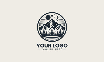 Fototapeta premium Powerful black and white vector logo of majestic mountains and pine trees, a stunning design for outdoor adventure brands