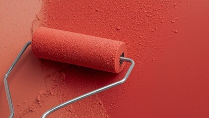 Pressing red foam paint roller with metal frame against interior wall creating textured paint layer