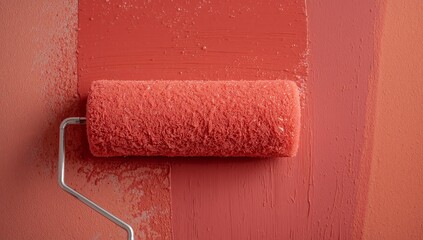 Obraz premium Applying coral-red paint with paint roller head and frame handle over wall surface under renovation