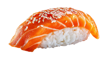 Fresh salmon sushi topped with sesame seeds and glaze