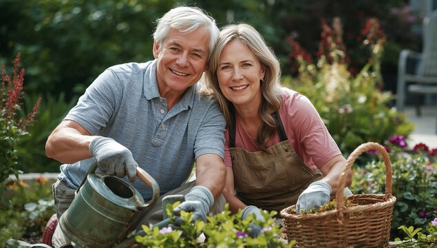 Kneeling couple wearing gloves tending plants in backyard, with watering can and wicker basket - Powered by Adobe