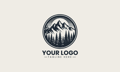 Powerful black and white vector logo of majestic mountains and pine trees, a stunning design for outdoor adventure brands