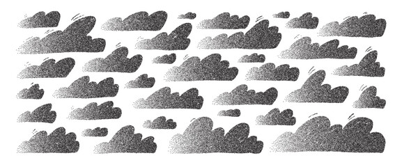 Noise textured clouds set. Naive black shadow sky elements. Grain chalk textured weather elements. Dots gradient scribble cloud bubble. Vector collection illustration on white background.
