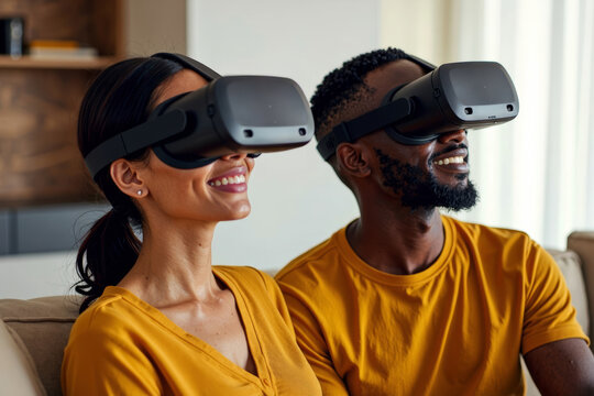 African couple exploring potential real estate properties through virtual reality headsets.