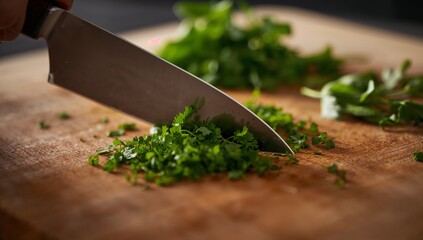 Chopping stainless steel chef's knife slicing herbs on wooden cutting board, scattering fragments