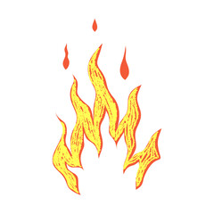Isolated yellow fire with crayon texture. Scribble flame with texture. Vector illustration