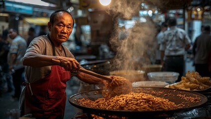 Tossing noodles in giant wok, senior vendor in red apron at night market with wooden spatula