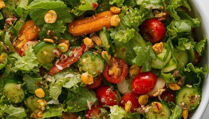 White salad bowl sitting in kitchen, with leafy greens, cucumbers, tomatoes, carrots and pistachios