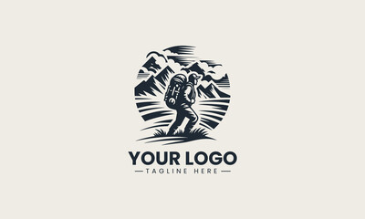 Dynamic black and white vector logo of a hiker with a backpack in front of mountains, a superb design for outdoor enthusiasts