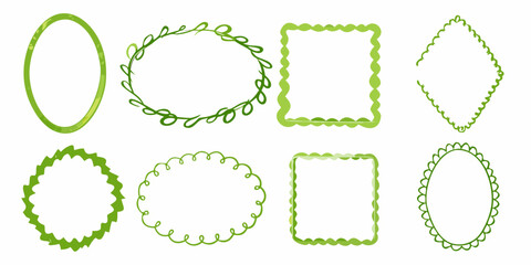 Collection of eight decorative green borders and frames with organic and whimsical designs on a white background