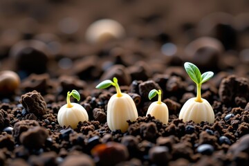 Bean seeds sprouting in rich soil, showcasing stages of germination from initial swelling to emergence of the radicle and plumule, nature, seed