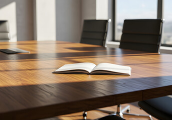 Open Notebook and Pen on Modern Conference Table in Sunlight