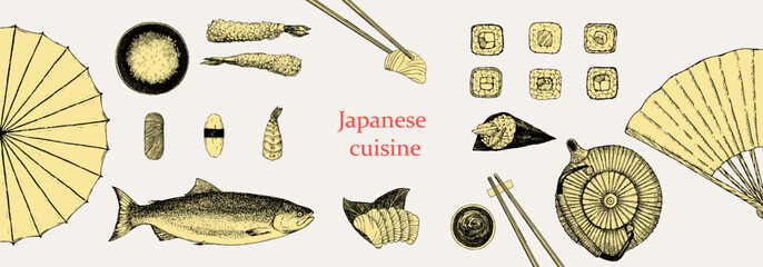 Japanese Restaurant Menu. Hand-drawn illustration of dishes and products. Ink. Vector	
