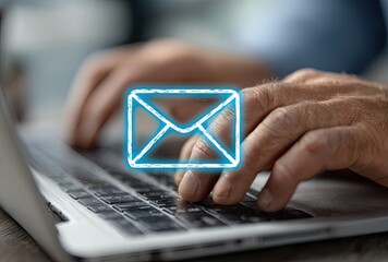 Hands typing on laptop, email icon overlay
