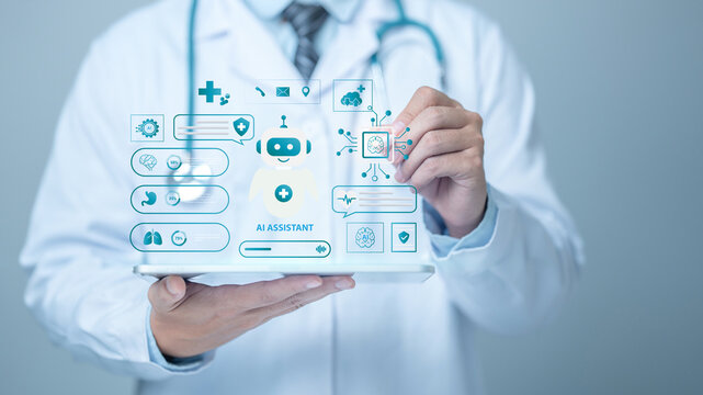 Healthcare Chatbot and Medical technology concept. A doctor using a smartphone with AI-powered healthcare chatbot icons representing medical assistance, health monitoring. online medical consultation.