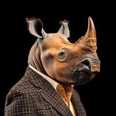 Obraz premium A rhino wearing a plaid suit and shirt stands against a black background Animal Wildlife