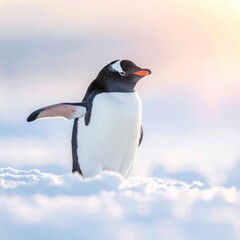 Obraz premium Penguins in natural Antarctic habitat with snow, ice and ocean background