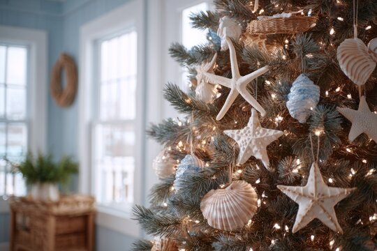 Coastal-themed Christmas tree with seashell and starfish ornaments indoors. Christmas tree decorated with seashells, starfish ornaments, concept of coastal holiday decor - Powered by Adobe