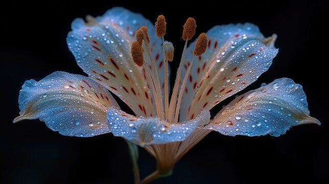 Close-up of a  delicate, light-blue flower, covered in dew drops