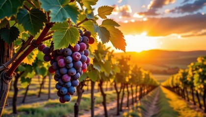 Sun-drenched vineyard at golden hour, ripe grapes hanging heavy on vines, rolling hills in the background, agriculture, rich, color