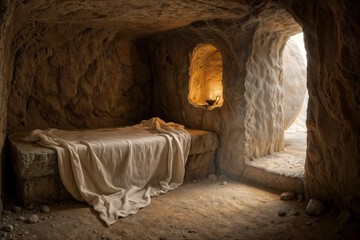 The empty tomb of Jesus, containing only a stone slab and a shroud. Jesus Christ is risen, his tomb is empty.