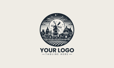 Beautiful black and white vintage farm landscape with buildings, a windmill, and a tractor, a wonderful illustration