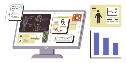 Doctor screen displaying health records, medical scan results, DNA analysis, prescriptions, graphs, and statistics. Ideal for healthcare, telemedicine, patient monitoring diagnostics medical