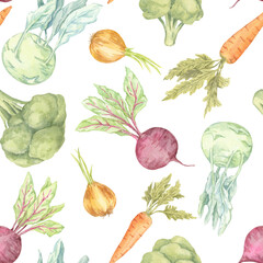 Beetroot, kohlrabi, onion, carrot, and broccoli in soft earthy watercolor tones. Seamless vegetables pattern clipart great for food labels, fabric designs, and kitchen prints