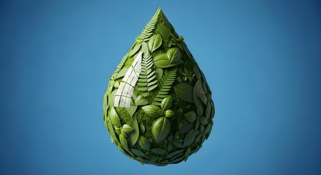 A water drop shape is formed by various green leaves against a blue background, symbolizing nature and conservation. - Powered by Adobe