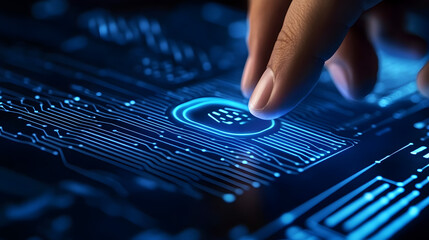 Finger touching glowing fingerprint scanner on blue circuit board technology interface surface