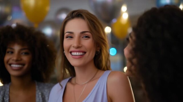 Three women are smiling and laughing at a party. They are all wearing different colored shirts and one of them is wearing a necklace. Scene is happy and joyful