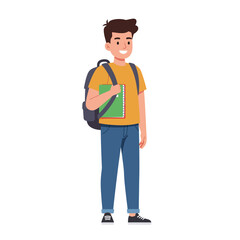 Young male student with backpack and books ready for school education and learning