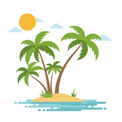 Tropical paradise palm trees sun and ocean waves on small island getaway vacation scene